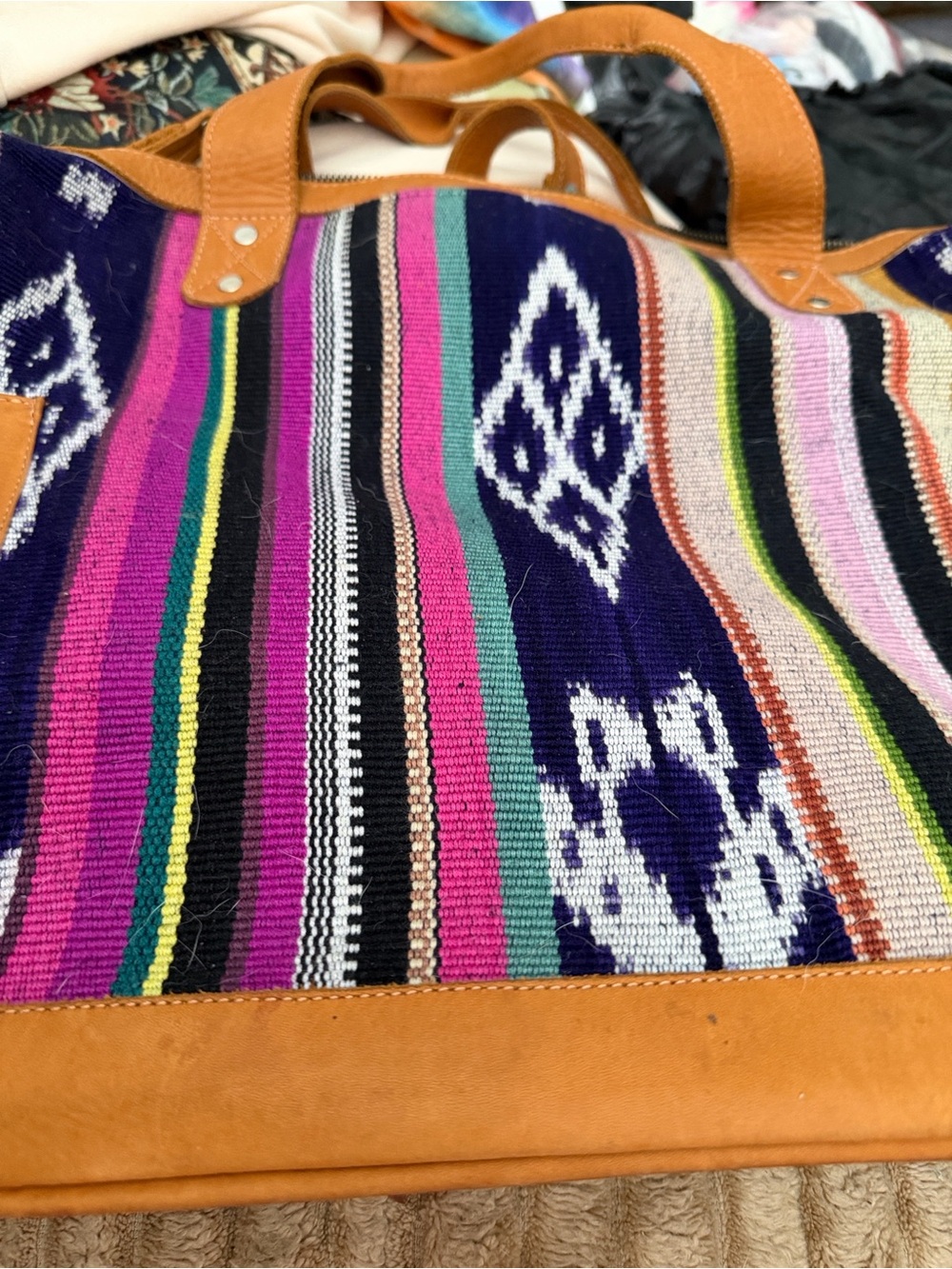 Nena & Co. Multicolor Striped Woven Tote with Tan Leather Trim